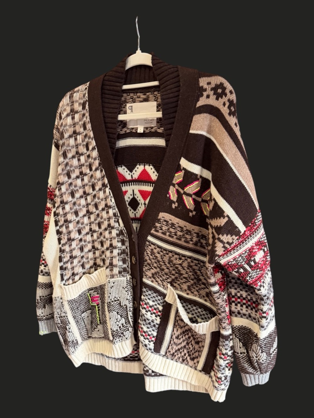 ANTHROPOLOGIE PILCRO Patchwork Cardigan Sweater Brown Fair Isle M - Picture 6 of 16